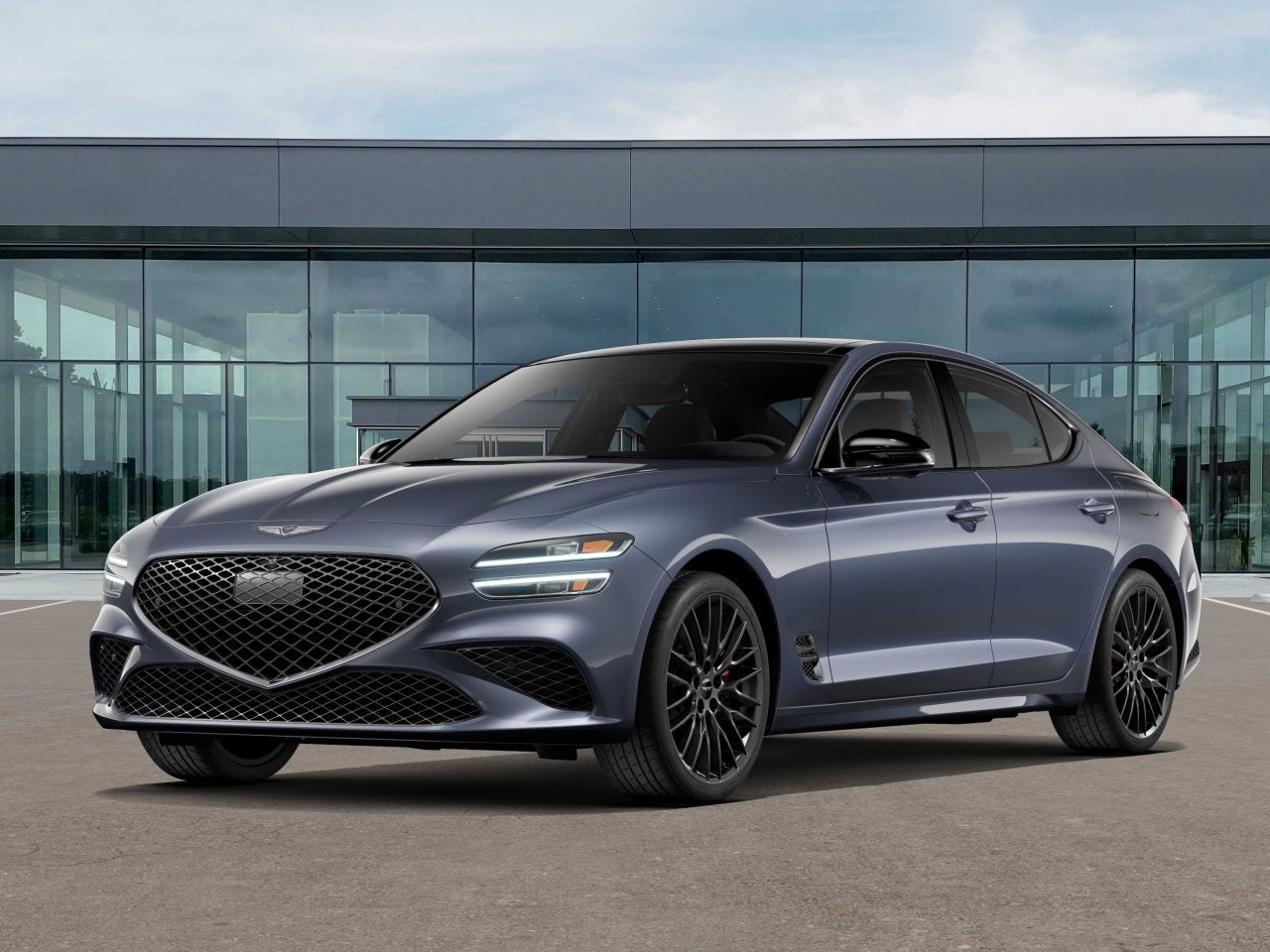 2026 Genesis G70 3.3T PRESTIGE GRAPHITE in Ceres Blue — front three-quarter view